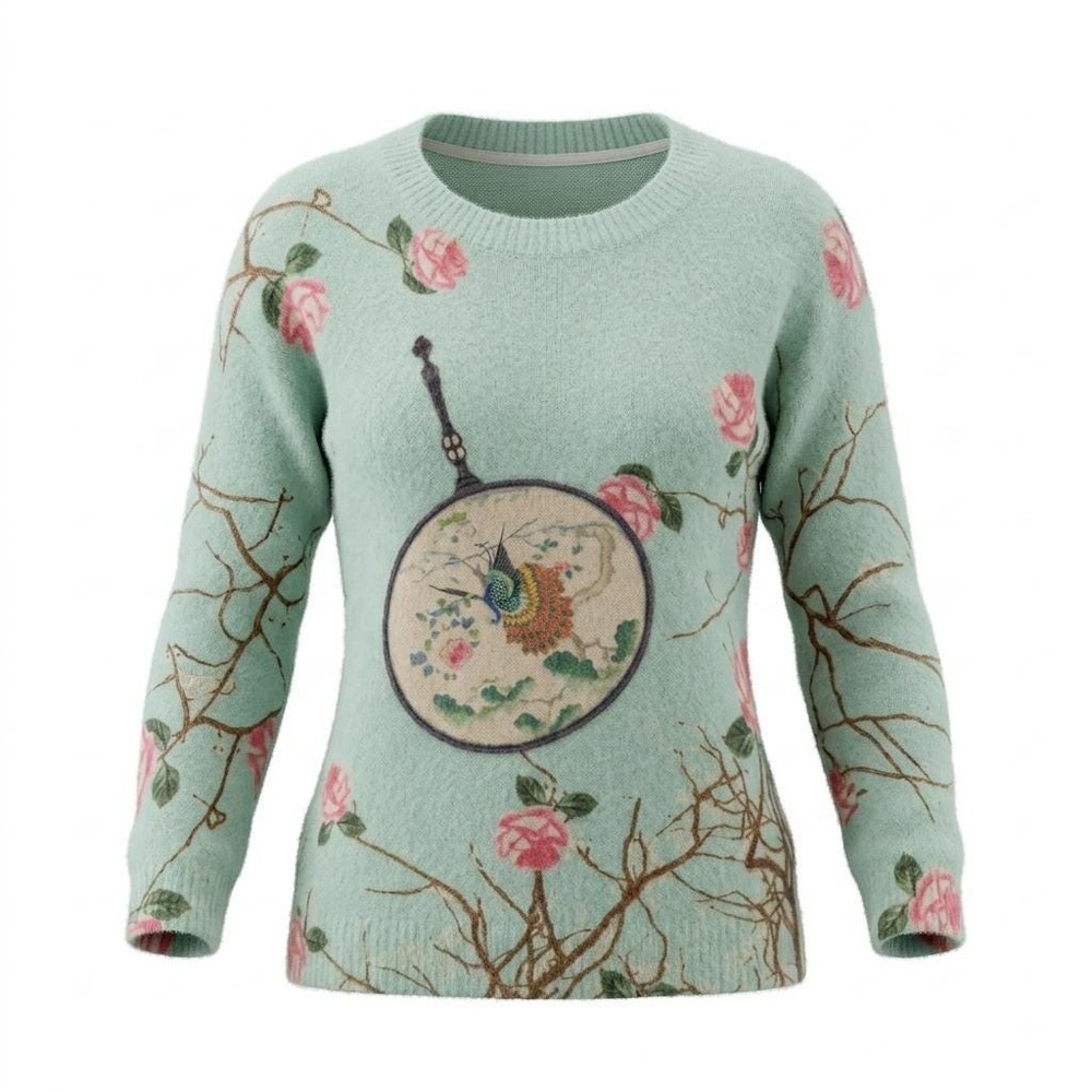 Floral Rose Print Asian Fan Sweater Cotton Wool Blend Knit Crew Neck